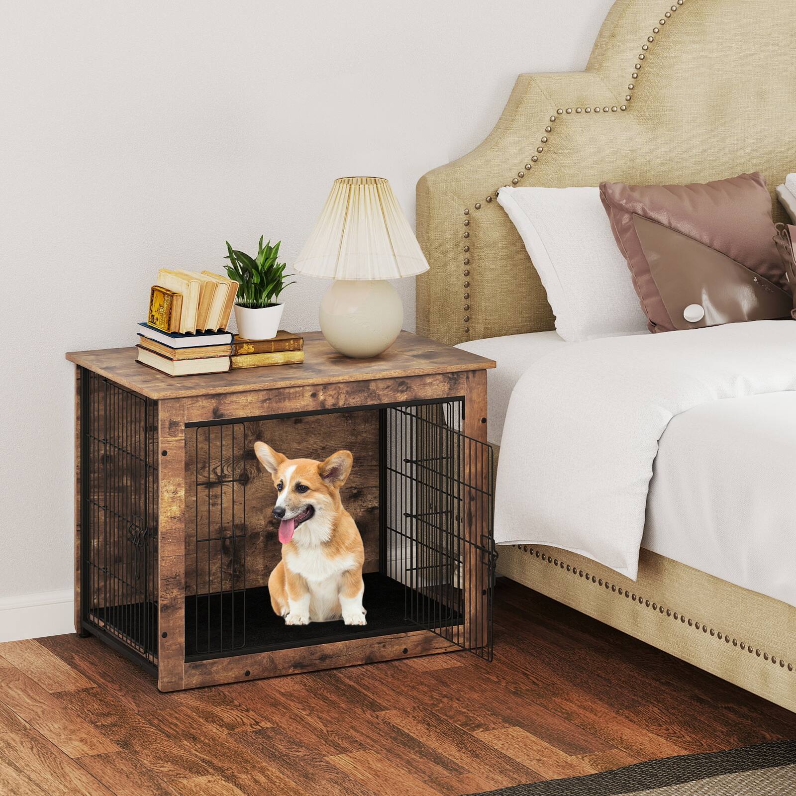 Alt View 1. Costway - Costway 33" Dog Kennel w/ Chew-Resistant Metal Frame & Soft Mat Double Doors Dog Crate End Table.
