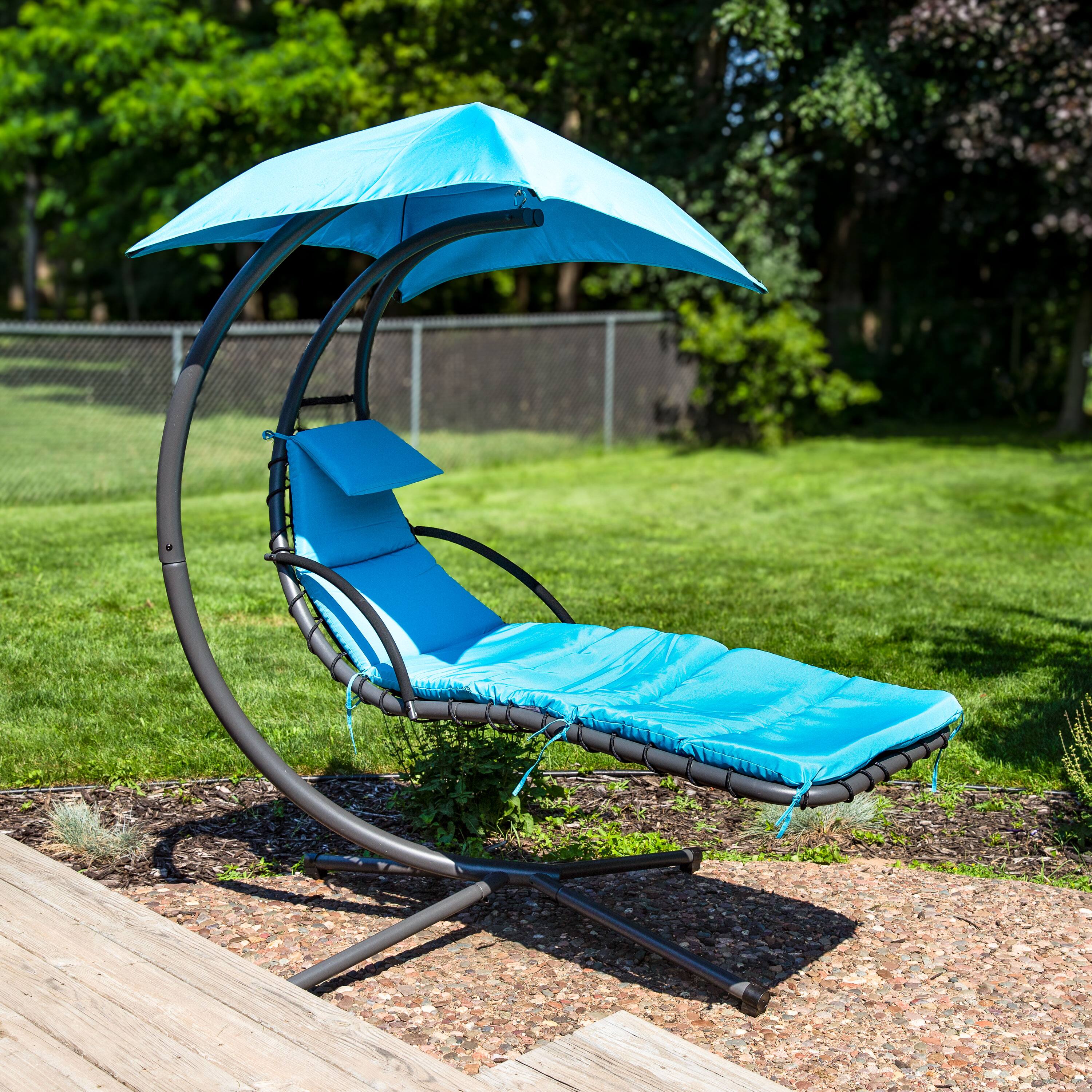Alt View 3. Sunnydaze - Floating Lounge Chair with Umbrella and Curved Steel Stand - Teal.
