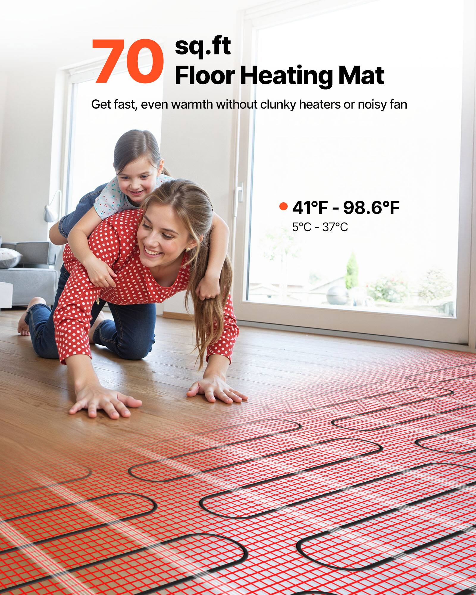 70 sq.ft Floor Heating Mat  
Get fast, even warmth without clunky heaters or noisy fan  

41°F - 98.6°F  
5°C - 37°C