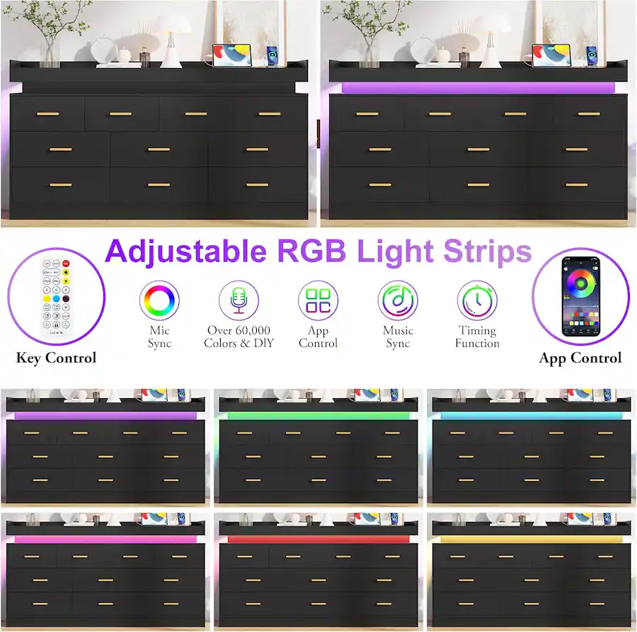 Espafurni 10 Drawer Dresser with LED Light & Charging Station Modern ...