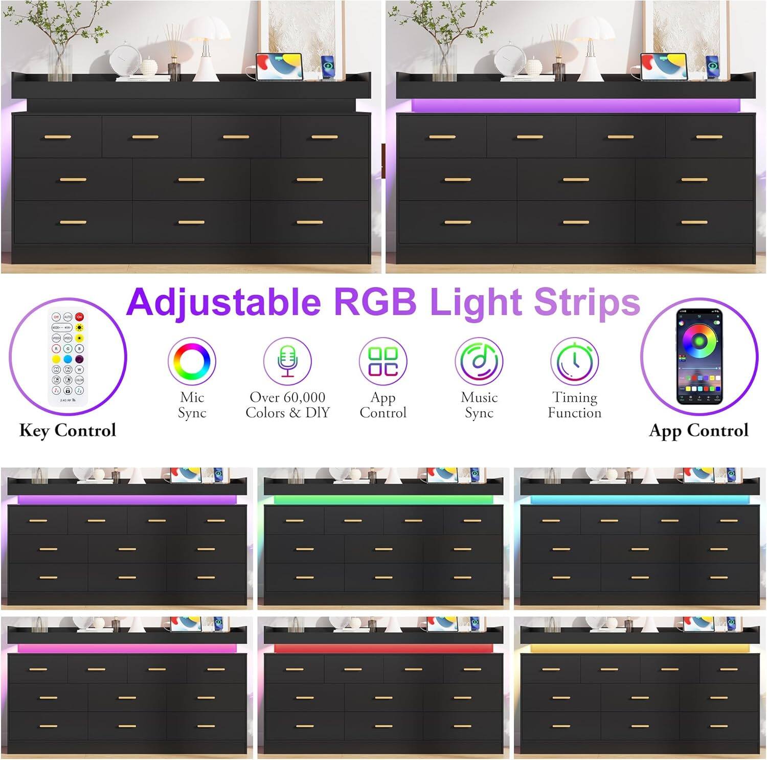 Adjustable RGB Light Strips

- Key Control
- Mic Sync
- Over 60,000 Colors & DIY
- App Control
- Music Sync
- Timing Function
- App Control