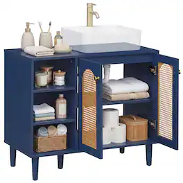 Costway - 36" Under Sink Cabinet, Boho Sink Base Cabinet with Rattan Doors, Rubber Wood Legs - Navy + Natural