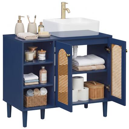 Front. Costway - Costway 36" Under Sink Cabinet, Boho Sink Base Cabinet with Rattan Doors, Rubber Wood Legs - Navy + Natural.