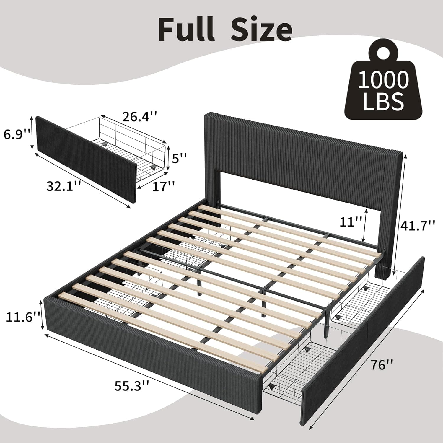 GARVEE- Corduroy Full Bed Frame with Headboard, Platform, 4 Storage Drawers, Wood Slats, No Box Spring- Black