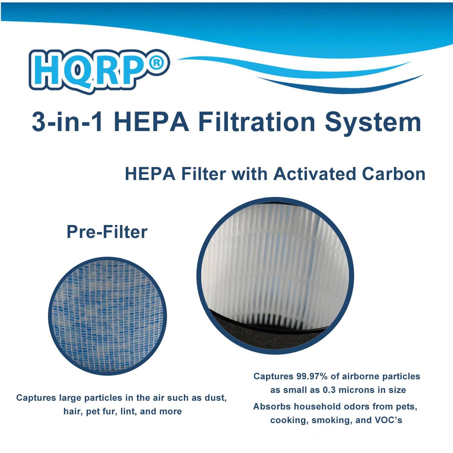 HQRP 3-in-1 HPA Filtration System HP Filter with Activated Carbon

Pre-Filter
- Captures large particles in the air such as dust, hair, pet fur, lint, and more

HEPA Filter with Activated Carbon
- Captures 99.97% of airborne particles as small as 0.3 microns in size
- Absorbs household odors from pets, cooking, smoking, and VOC's