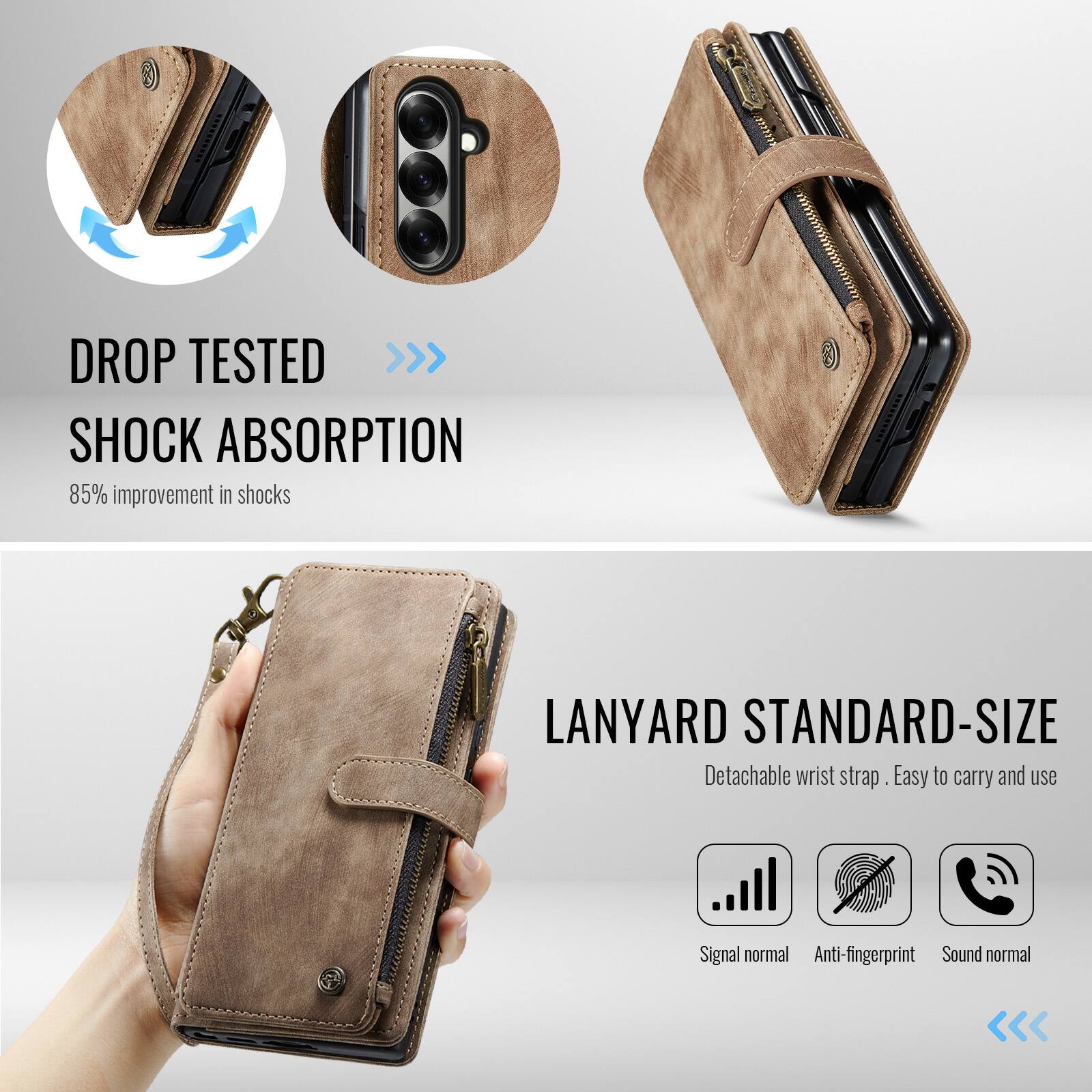 DROP TESTED >>> SHOCK ABSORPTION  
85% improvement in shocks  

LANYARD STANDARD-SIZE  
Detachable wrist strap. Easy to carry and use  

Signal normal  
Anti-fingerprint  
Sound normal