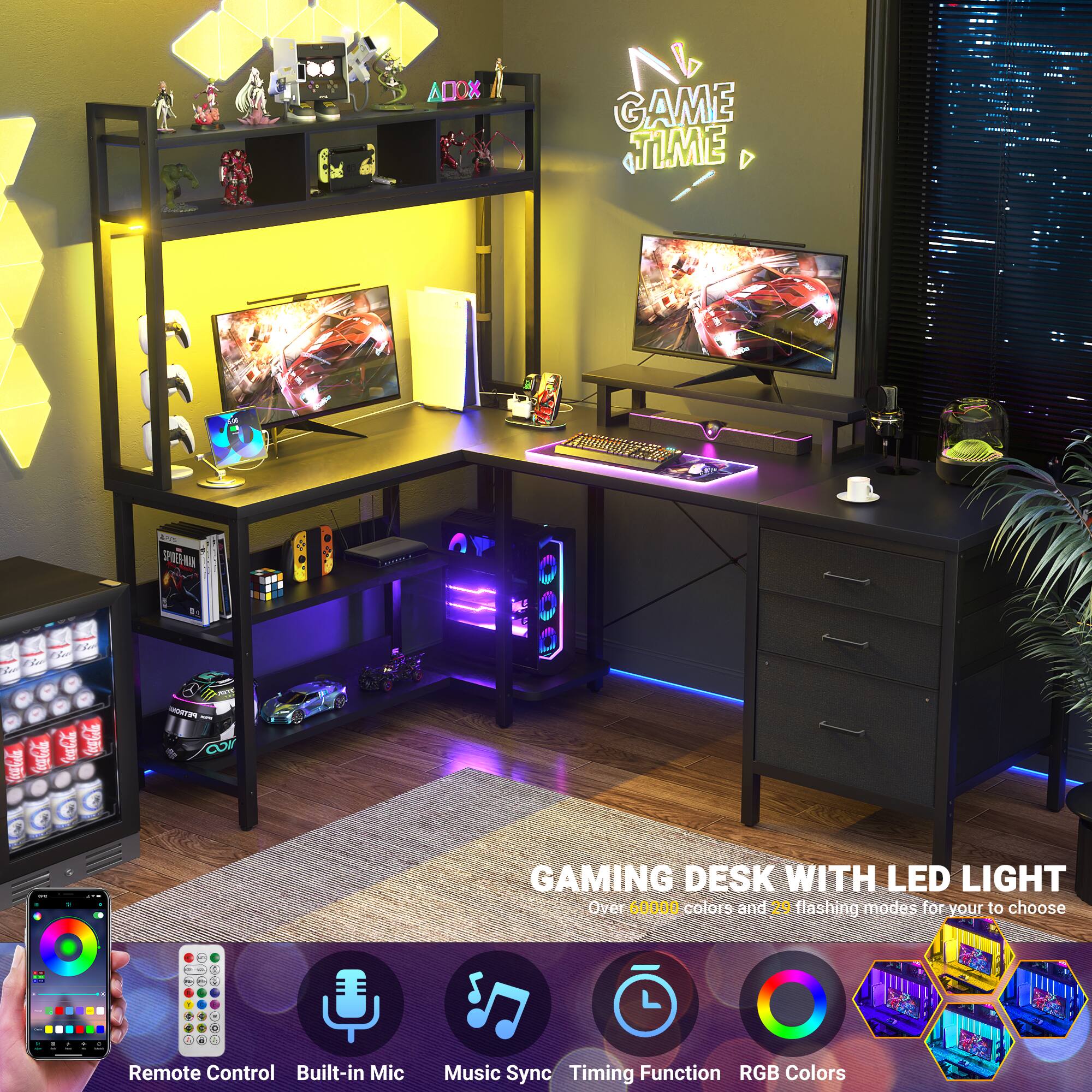 DOX GAME TIME

GAMING DESK WITH LED LIGHT

Over 60000 colors and 29 flashing modes for you to choose

Remote Control
Built-in Mic
Music Sync
Timing Function
RGB Colors