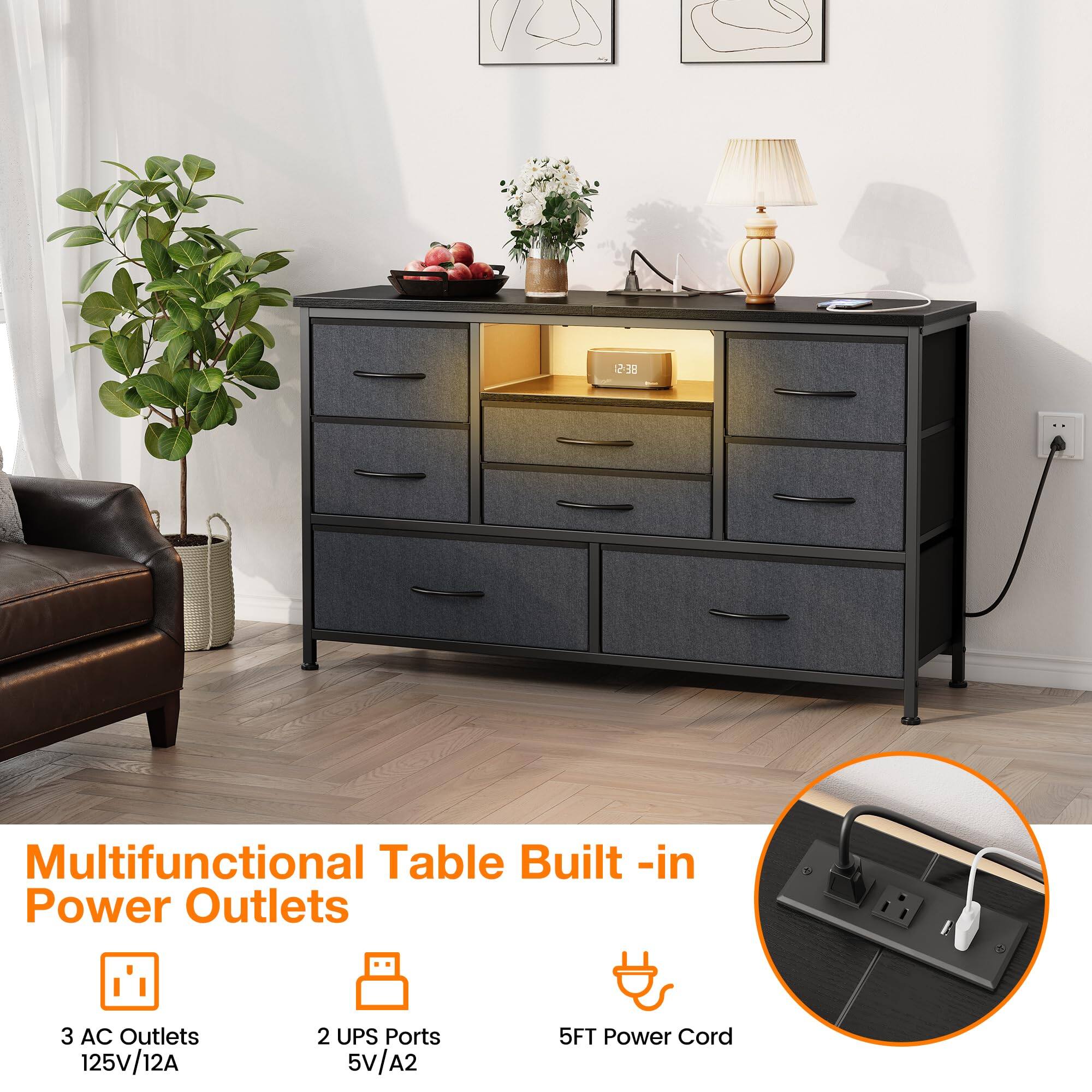 Multifunctional Table Built-in Power Outlets

- 3 AC Outlets
  - 125V/12A

- 2 UPS Ports
  - 5V/A2

- 5FT Power Cord