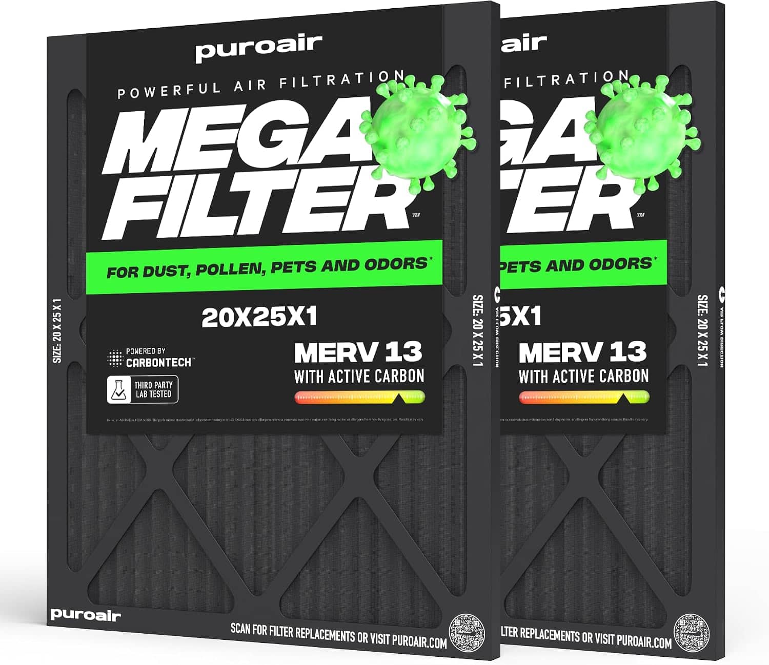 PuroAir - 20x25x1 HVAC Mega Filter MERV 13 Pleated Plus Activated Carbon Air Filter (2-Pack) - Black