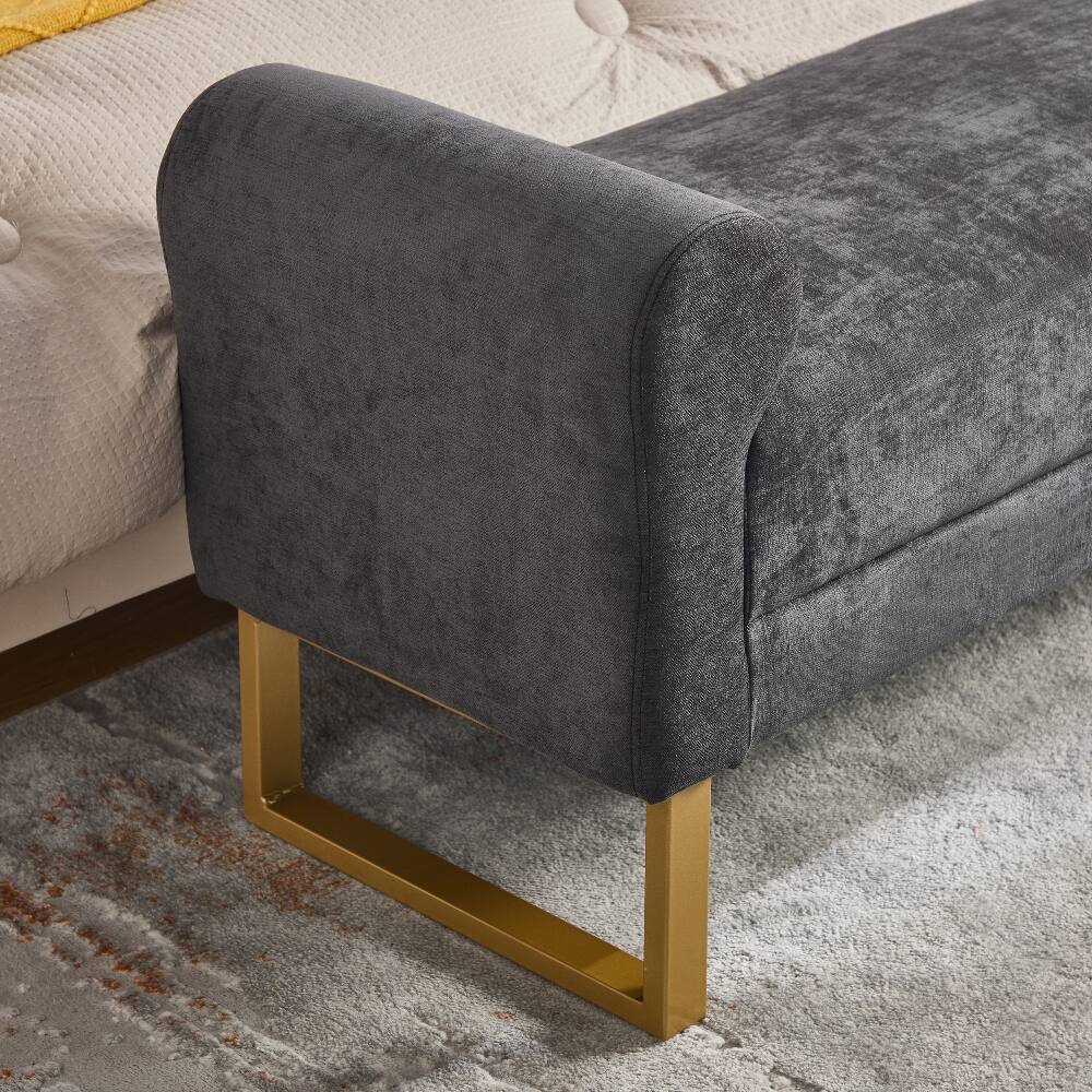 Alt View 9. Ropilly - 65" Dark Grey Chenille End of Bed Bench with Gold Legs, Modern Upholstered Ottoman Bench - Dark Grey.