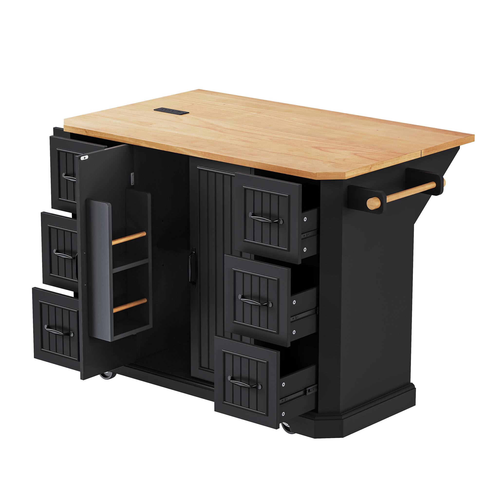 Left. Whisen - 56" Kitchen Island with Drop Leaf, Power Outlet, 6 Drawers & Storage Cabinets, Rubber Wood Veneer Cart - Black.