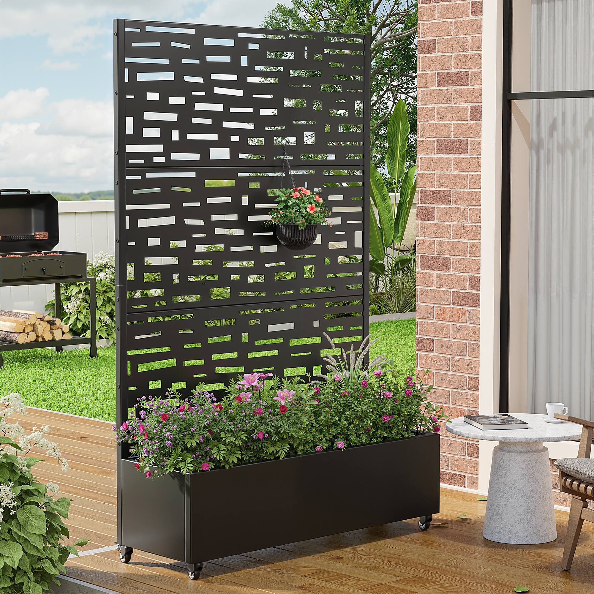 Alt View 1. PexFix - 72 in. H x 47 in. W Gerald Pattern Rectangle Metal Planter Box Raised Garden Beds with Trellis-Ideal for Balcony - Black.