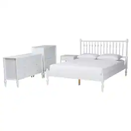 Baxton Studio - Denita Spindle 4-Piece Bedroom Set - Farmhouse Platform Bed with Matching Dresser, Chest, and 1-Drawer Nightstand, Queen - White