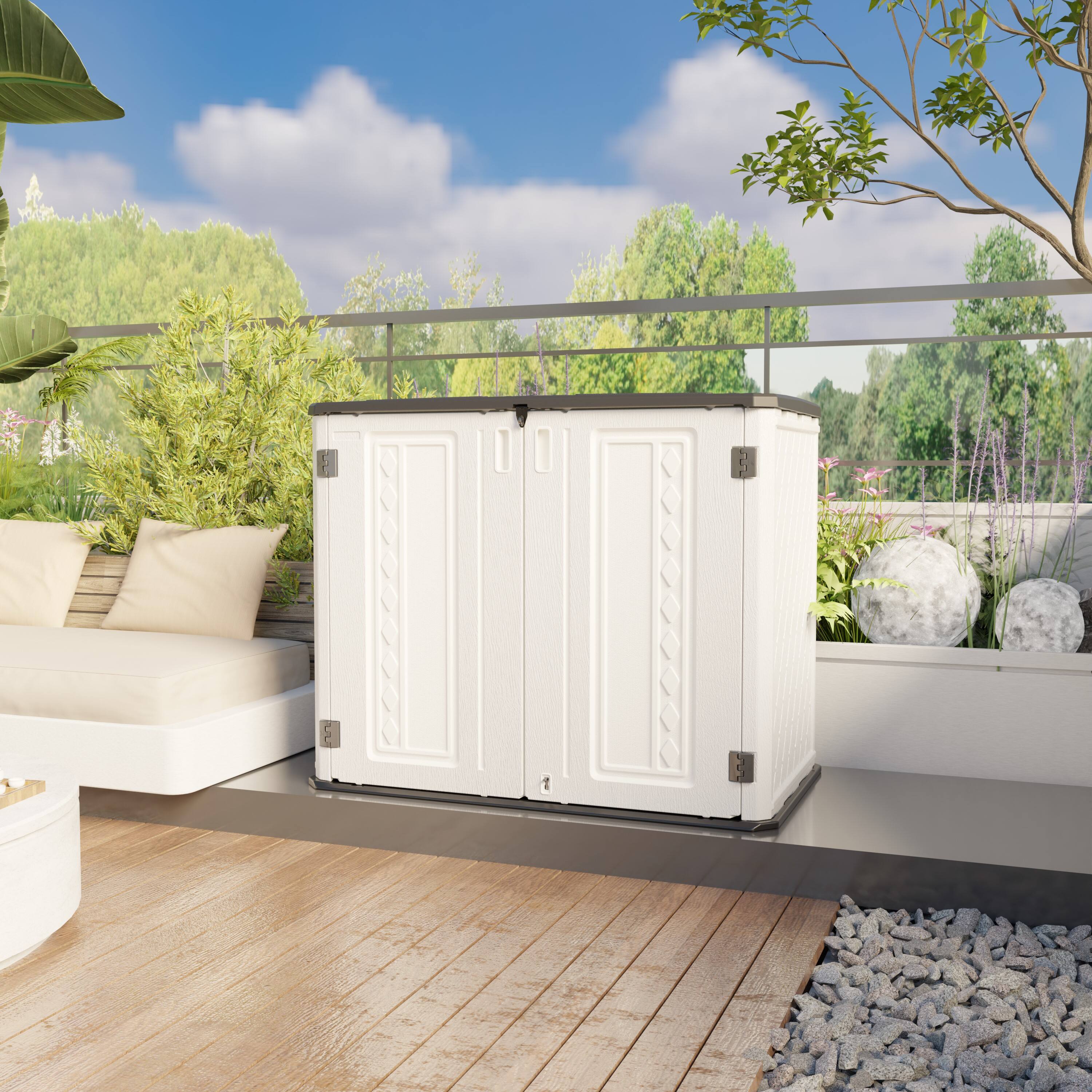 Left. Decksplore - Outdoor Storage Shed-Horizontal Storage Cabinet Waterproof for Garden, Patios Backyards Resin Tool Shed - White.