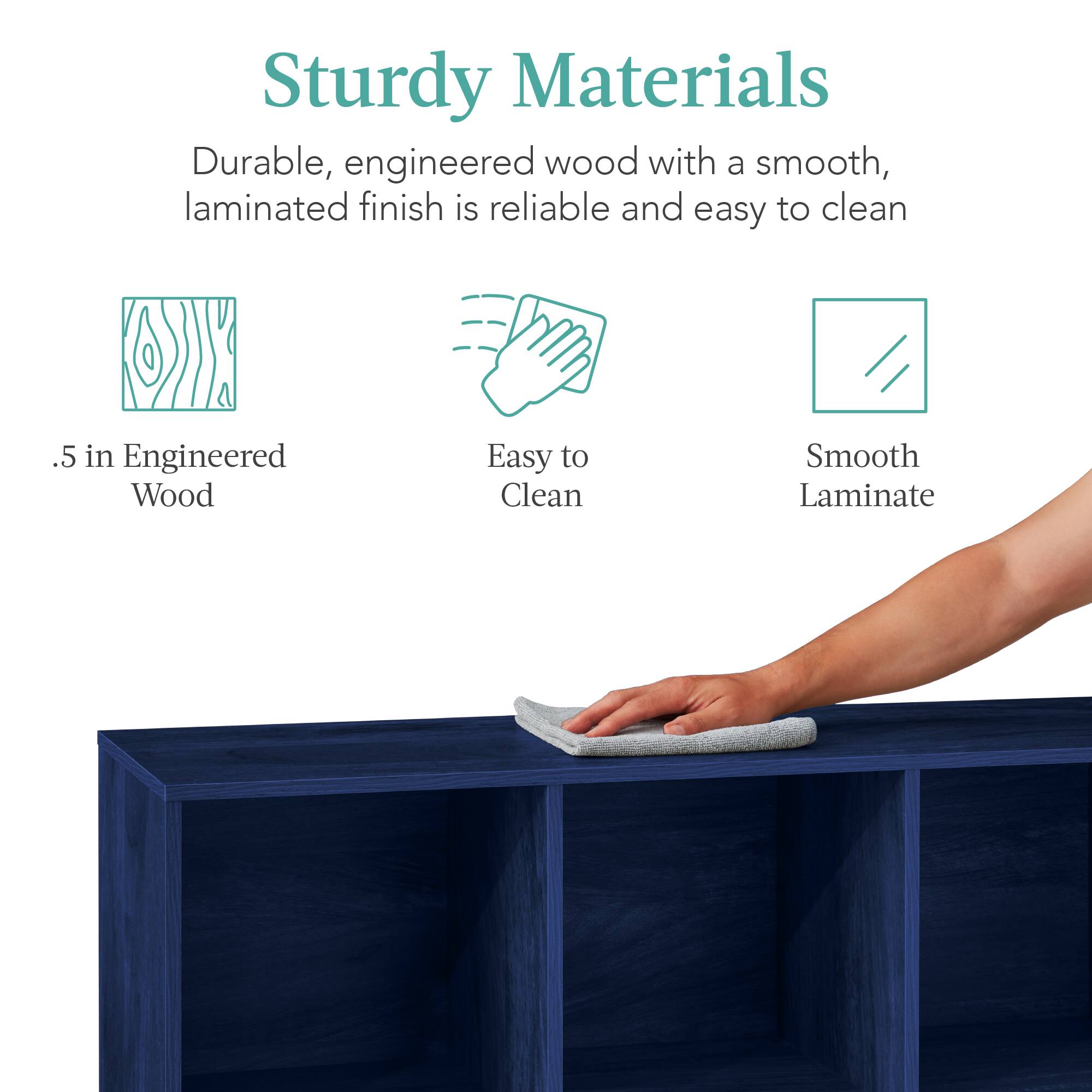 Sturdy Materials: Durable, engineered wood with a smooth, laminated finish is reliable and easy to clean. 0.5 in Engineered Wood, Easy to Clean, Smooth Laminate.