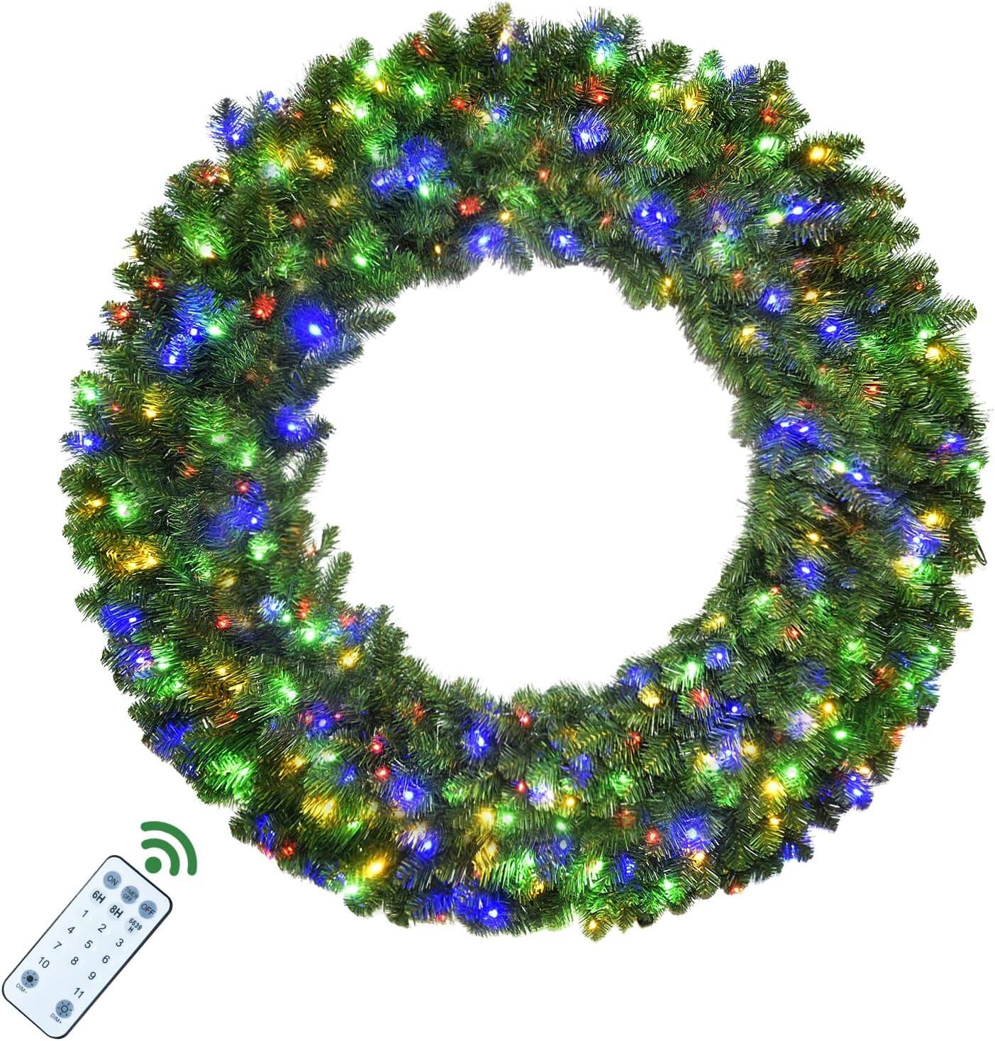Oumilen 60 Inch Pre Lit Christmas Wreath – 300 Dual Color LED Lights ...