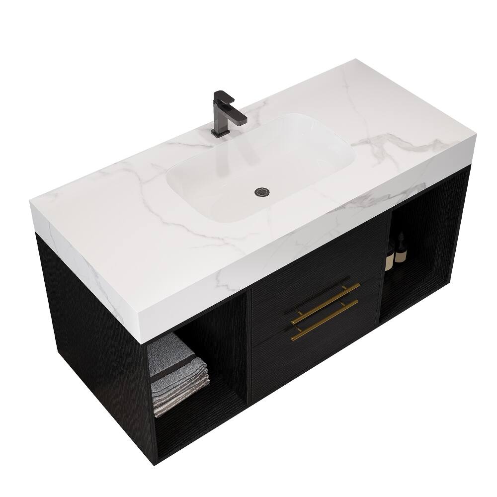 Alt View 3. Loheer - Loheer 39.4 inch floating bathroom vanity Wall Mounted Cabinet with Ceramic Sink Sintered Stone Top - White/Black.