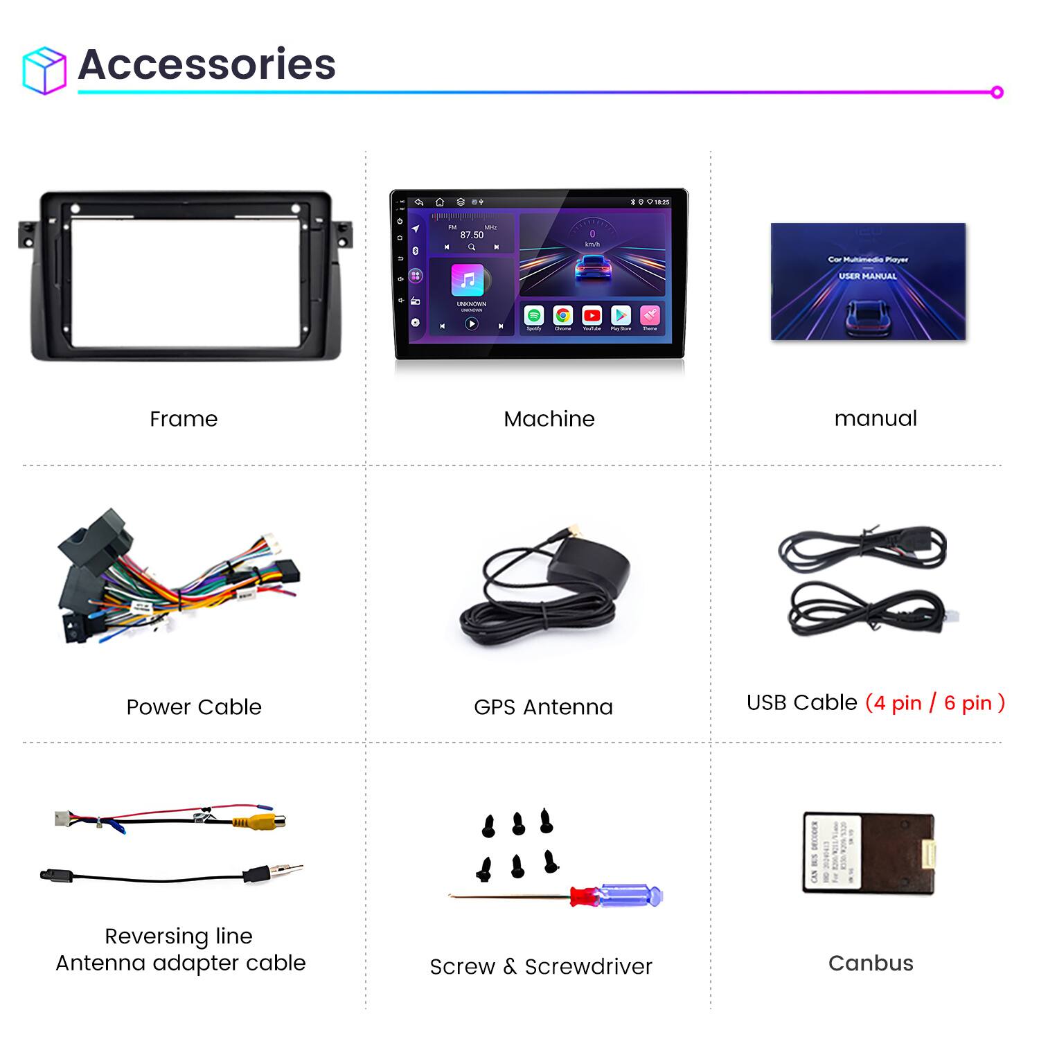 Accessories

- Frame
- Machine
- Manual
- Power Cable
- GPS Antenna
- USB Cable (4 pin / 6 pin)
- Reversing line Antenna adapter cable
- Screw & Screwdriver
- Canbus