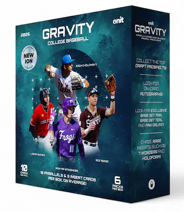 onit onit 2026 GRAVITY COLLEGE BASEBALL TRADING CARDS FEATURING ONT'S NEW ION TECHNOLOGY - COLLECT THE TOP DRAFT PROSPECTS! LOOK FOR ON-CARD AUTOGRAPHS! LOOK FOR EXCLUSIVE BASE SET PINK, BASE SET TEAL AND PINK GALAXY CHASE RARE INSERTS SUCH AS WONDERS AND 7 HOLOFORM! 10 CARDS PER PACK, 12 PARALLELS & 5 INSERT CARDS PER BOX, ON AVERAGE! 6 PACKS PER BOX