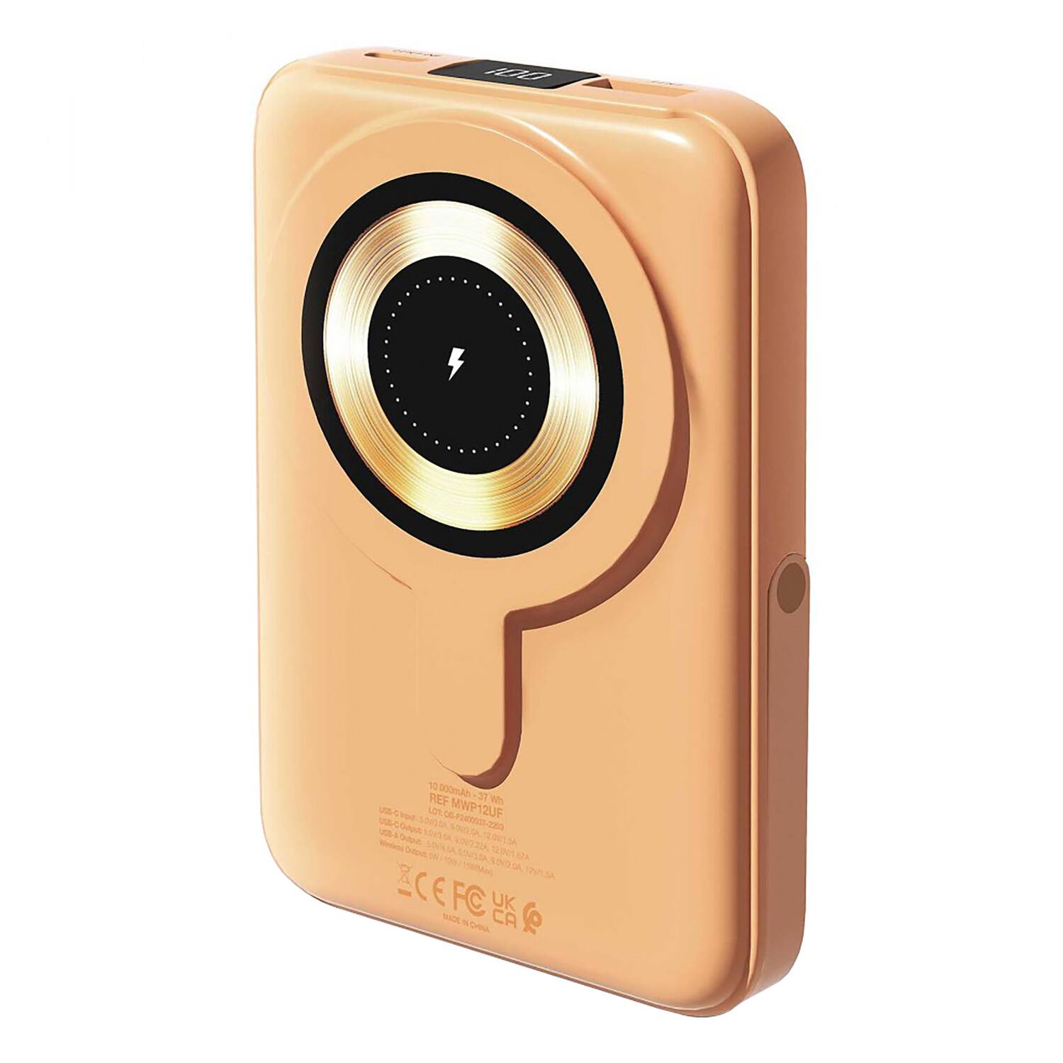 10,000mAh 27.8Wh  
REF MWP12UF  
USB-C Input: 5V/2A  
USB-A Output: 5V/2A  
USB-C Output: 5V/2A  
Made in China  
CE FCC  
MADE IN CHINA