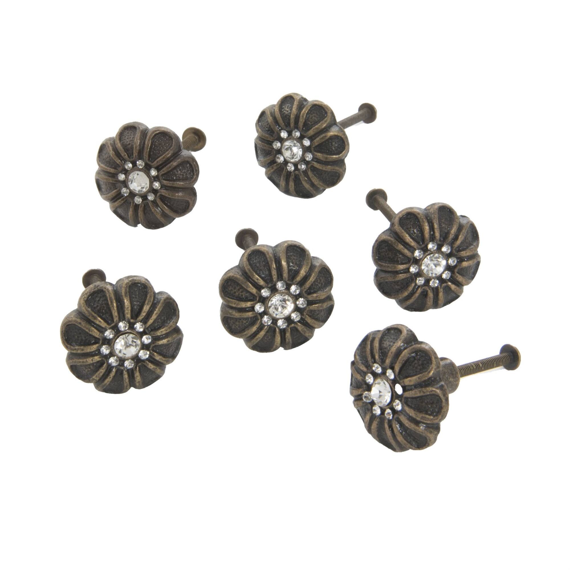 Front. TX USA Corporation - Cast Iron Rhinestone Flower Knob Bronze Set of 6 - Bronze.