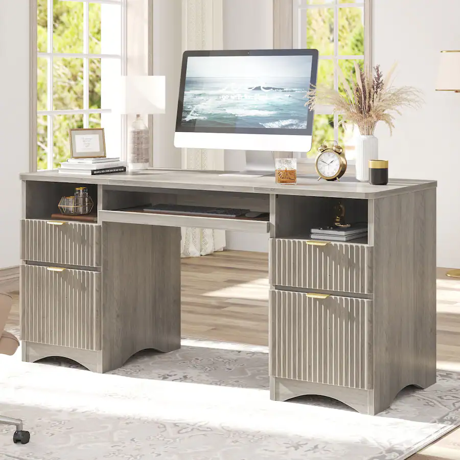 Bestier 59 Inch Executive Office Desk with Four Drawers, Keyboard Tray ...