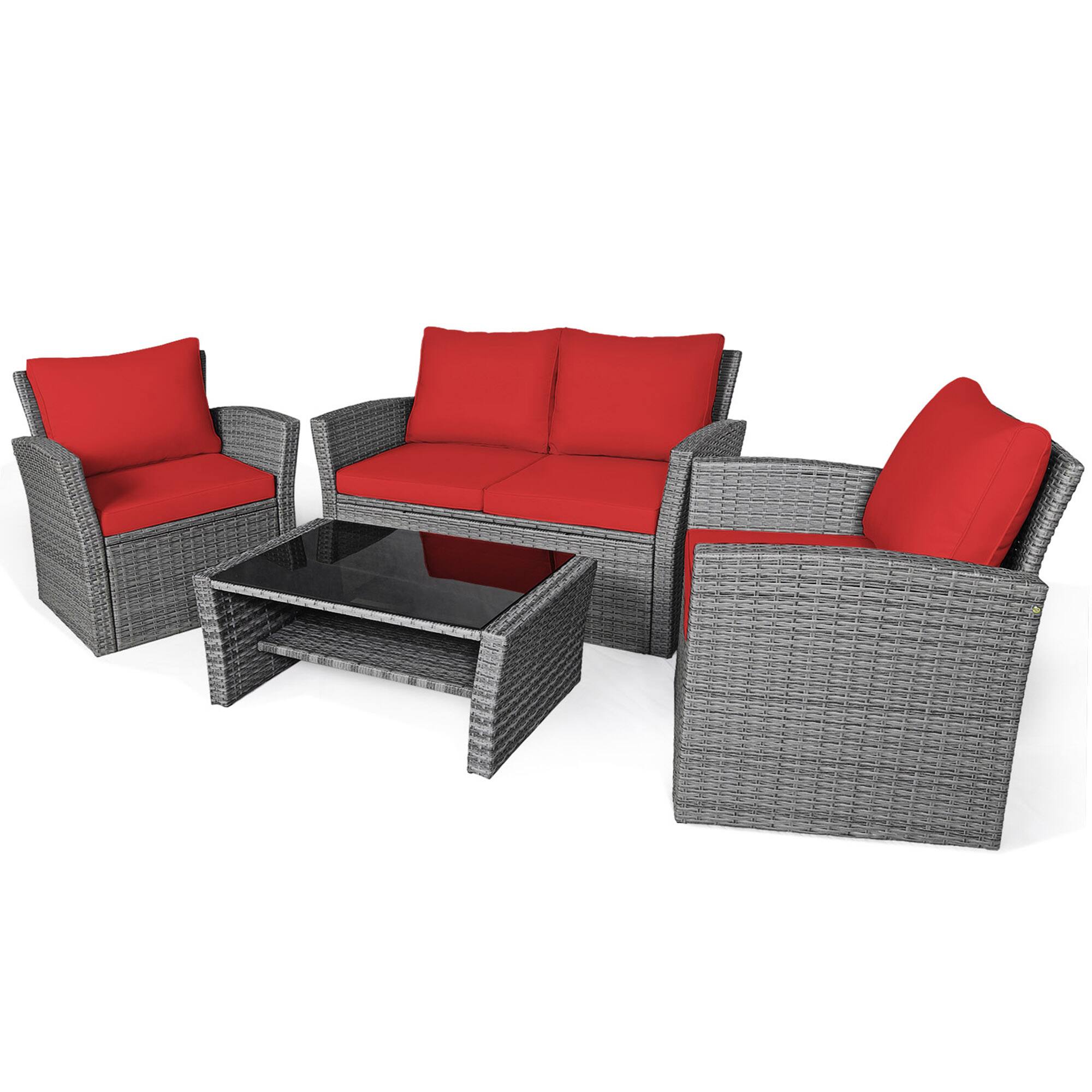 Alt View 1. Gymax - Gymax 4PCS Patio Rattan Conversation Set Outdoor Furniture Set w/ Red Cushions - Red.