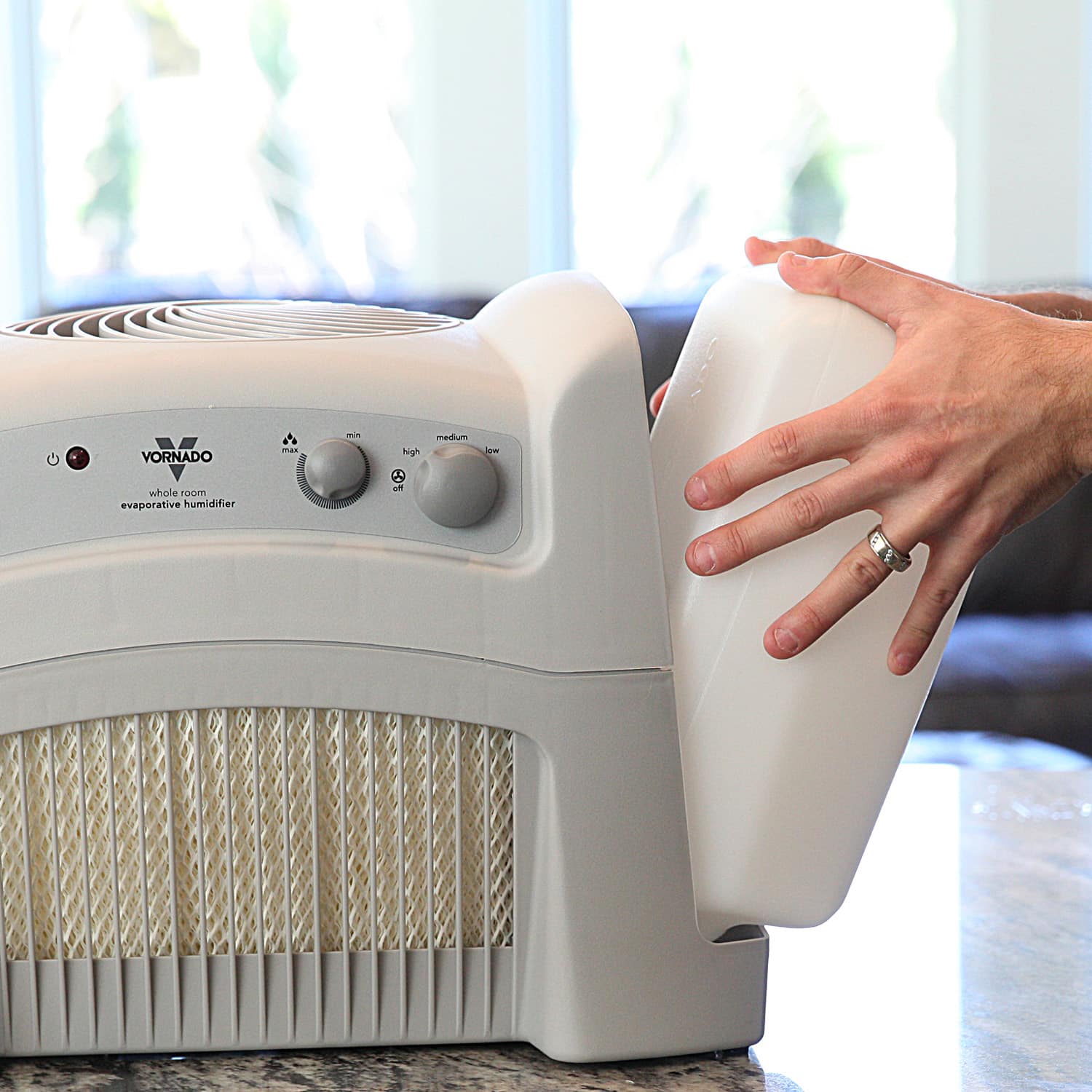 The text on the image reads "G Vornado whole room evaporative humidifier."