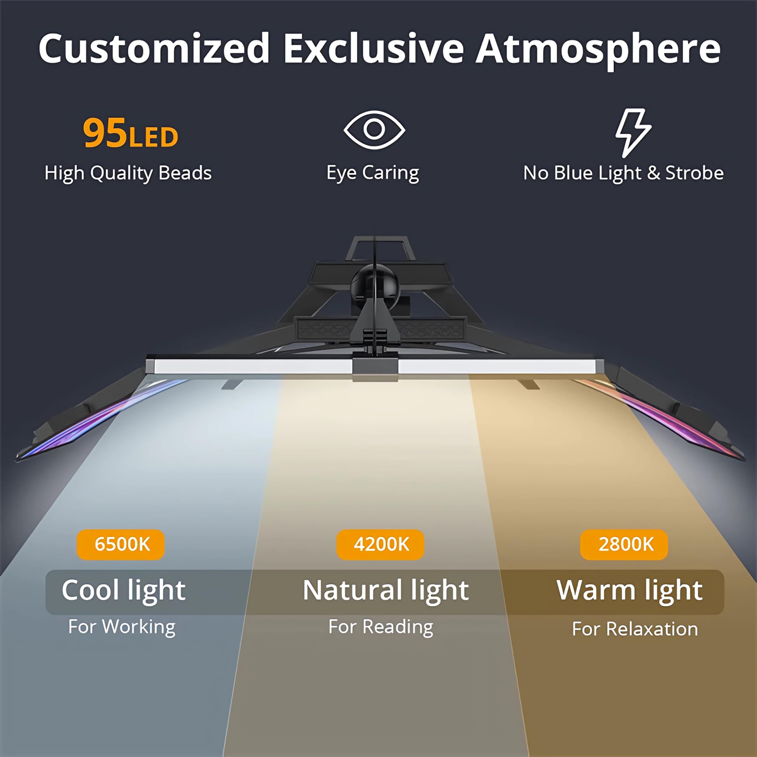 Customized Exclusive Atmosphere

95LED
High Quality Beads
Eye Caring
No Blue Light & Strobe

6500K
Cool light
For Working

4200K
Natural light
For Reading

2800K
Warm light
For Relaxation