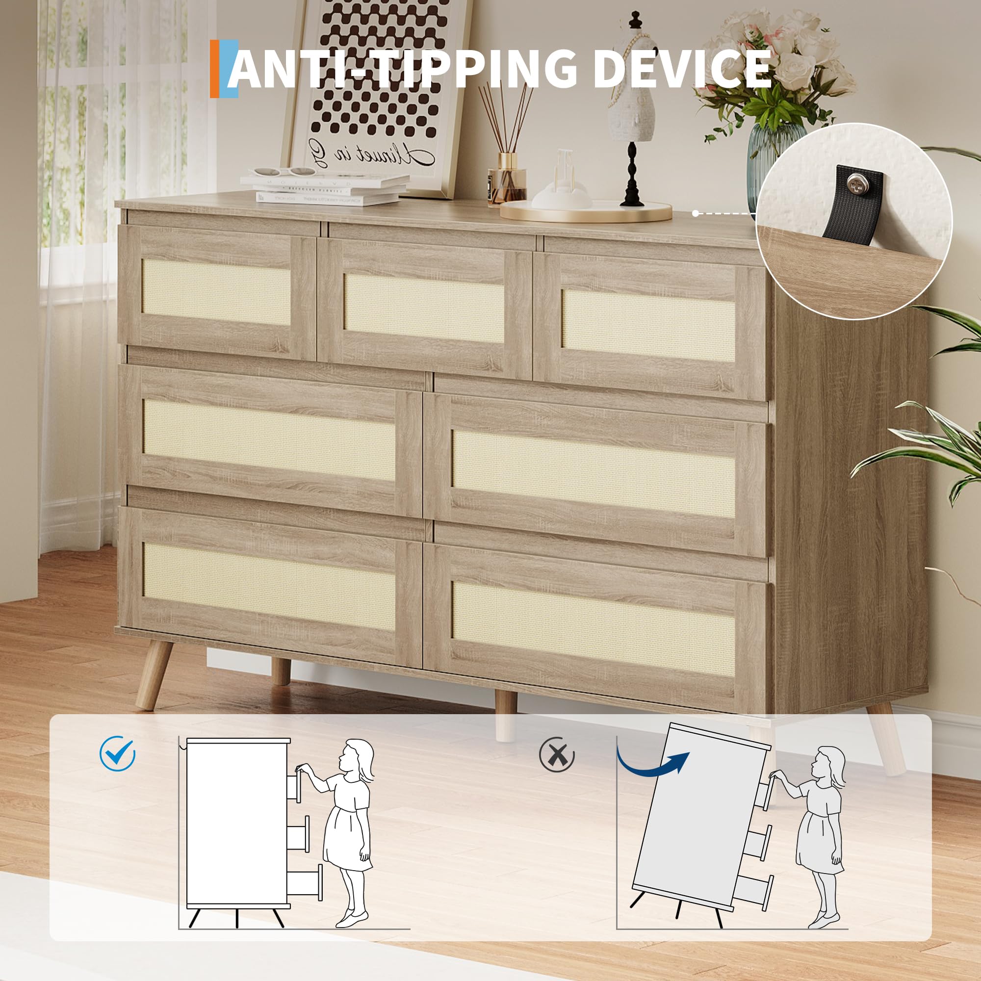 ANTI-TIPPING DEVICE

ANTI-TIPPING DEVICE

[Image of a cabinet with a small inset showing a black anti-tipping device]

[Two illustrations below the cabinet]

- Correct: A girl standing next to a cabinet with a checkmark.
- Incorrect: A girl pulling a cabinet with an arrow and an X.