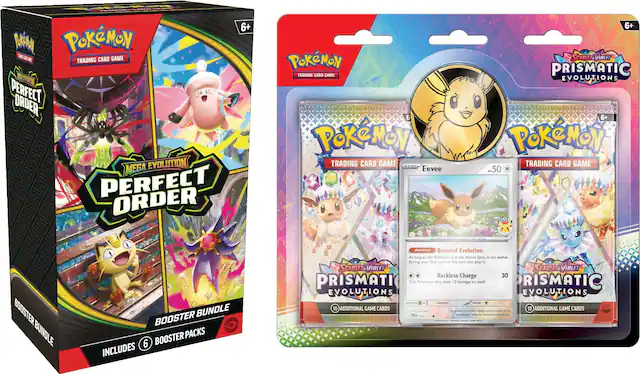 6+ Pokémon Trading Card Game
Perfect Order Mega Evolution
Booster Bundle
Includes 6 Booster Packs
6+ Pokémon Trading Card Game
Scarlet & Violet
Prismatic Evolutions
Basic Eevee
HP 50
Ability: Boosted Evolution
As long as this Pokémon is in the Active Spot, it can evolve during your first turn or the turn you play it.
Move: Reckless Charge
30
This Pokémon also does 10 damage to itself.
10 Additional Game Cards