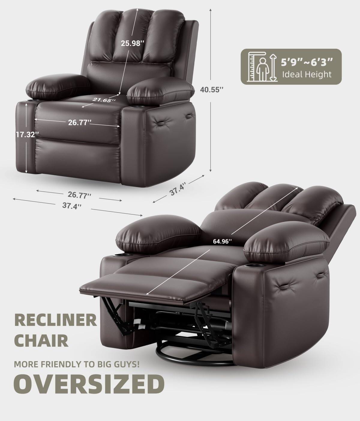 RECLINER CHAIR  
MORE FRIENDLY TO BIG GUYS!  
OVERSIZED  

5'9" ~ 6'3" Ideal Height  

25.98"  
21.65"  
40.55"  
17.32"  
26.77"  
26.77"  
37.4"  
37.4"  
64.96"