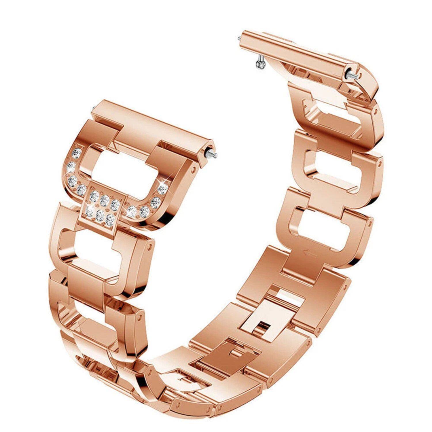Front. Stock Preferred - Rhinestone Stainless Steel Replacement Band for Fitbit Versa – Luxury Diamond Bracelet Strap (22mm Adjustable) - Rose Gold.