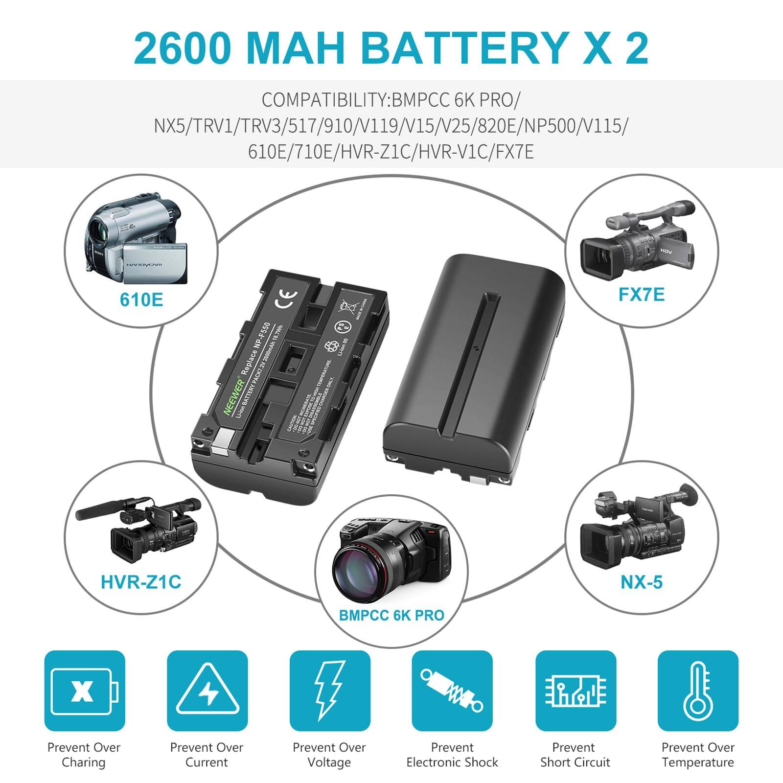 2600 MAH BATTERY X 2

COMPATIBILITY: BMPCC 6K PRO/ NX5/TRV1/TRV3/517/910/V119/V15/V25/820E/NP500/V115/610E/710E/HVR-Z1C/HVR-V1C/FX7E

Prevent Over Charging
Prevent Over Current
Prevent Over Voltage
Prevent Electronic Shock
Prevent Short Circuit
Prevent Over Temperature