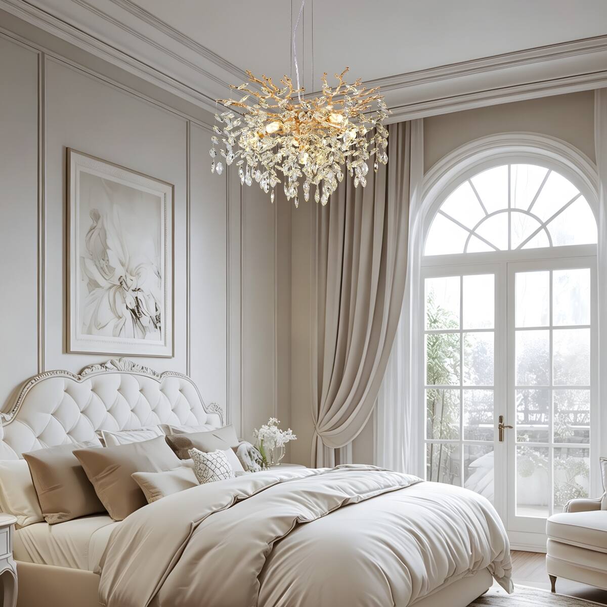 Angle. Loheer - Loheer Modern Gold Tree Branch Crystal Chandelier, 23.6 Inch Six Light Pendant for Dining Room.
