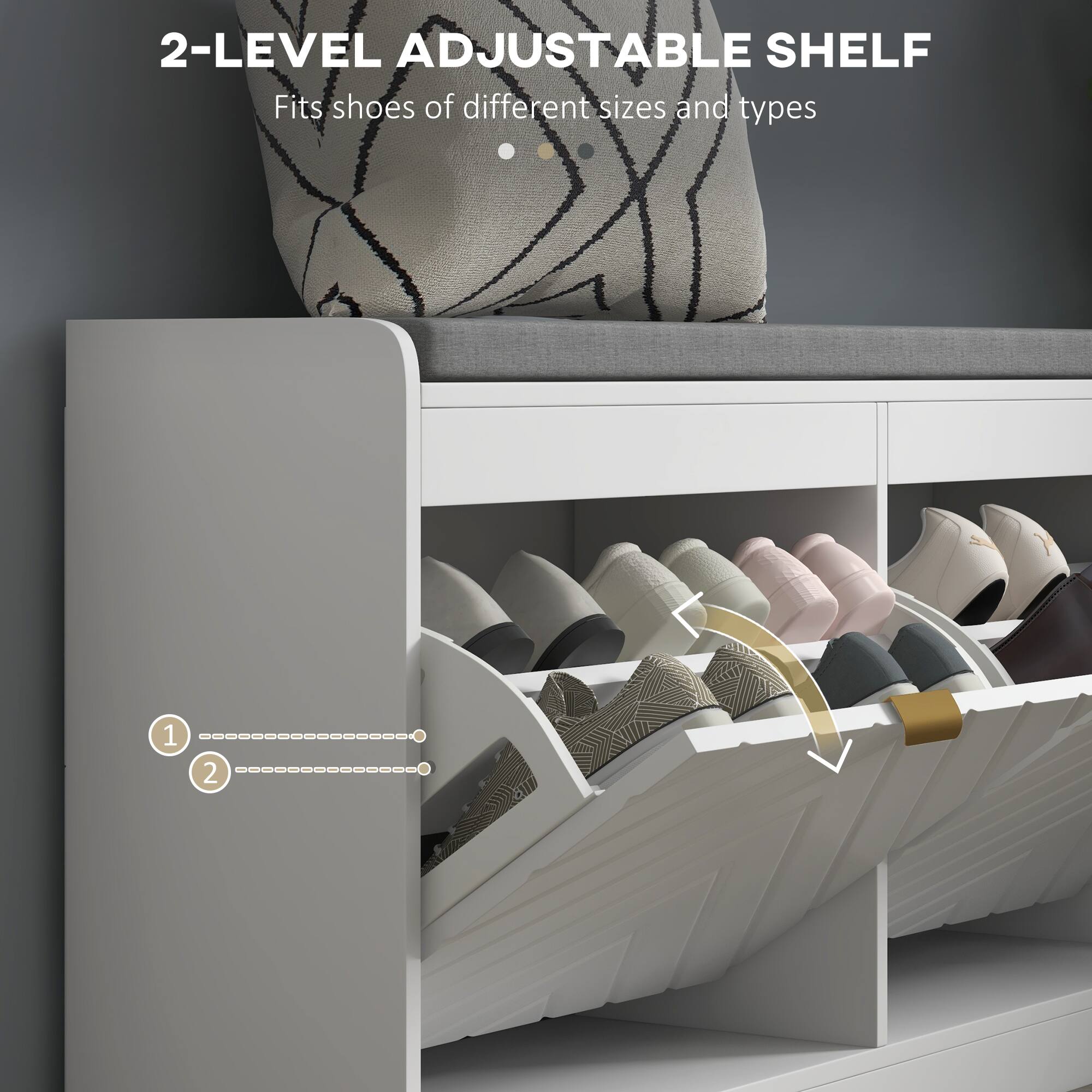 2-LEVEL ADJUSTABLE SHELF
Fits shoes of different sizes and types
1
2