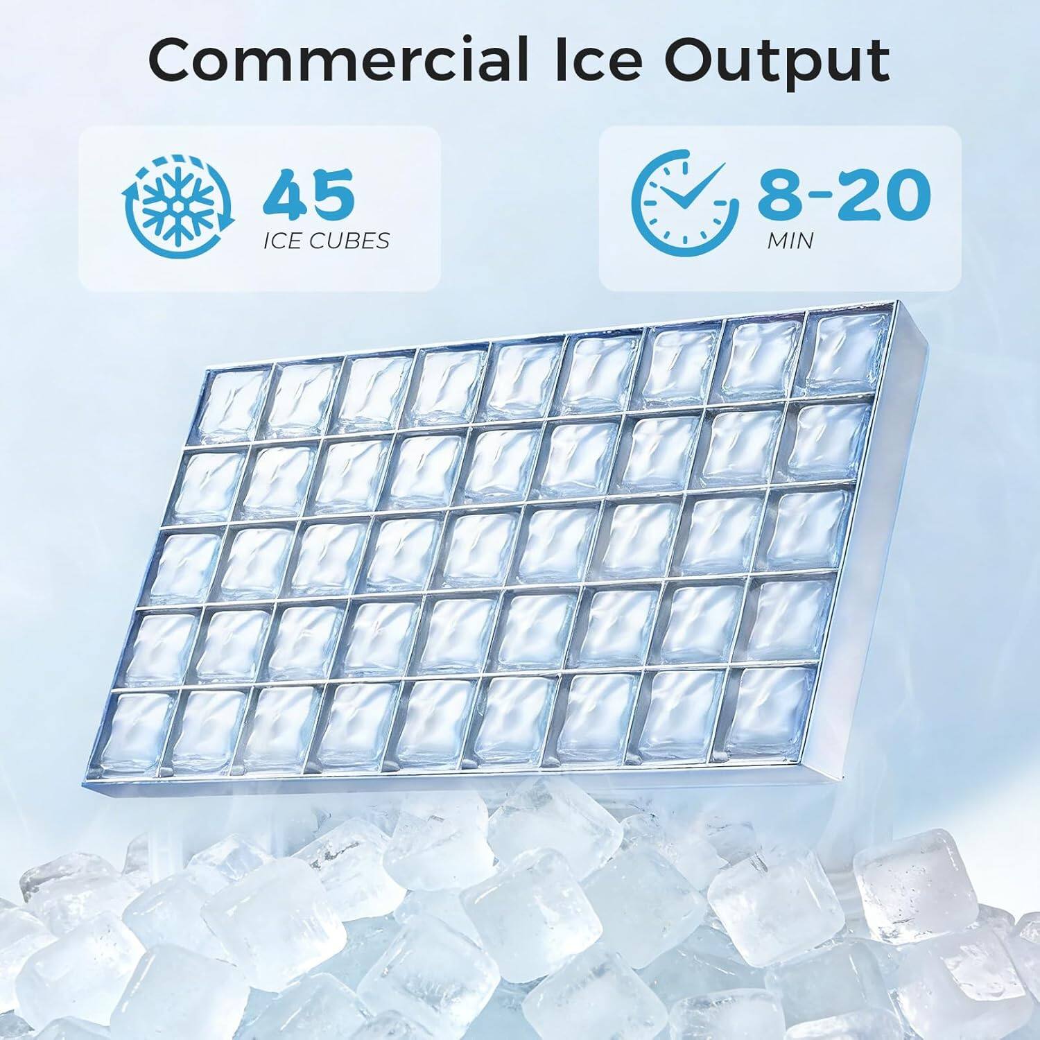 Commercial Ice Output  
45 ICE CUBES  
8-20 MIN