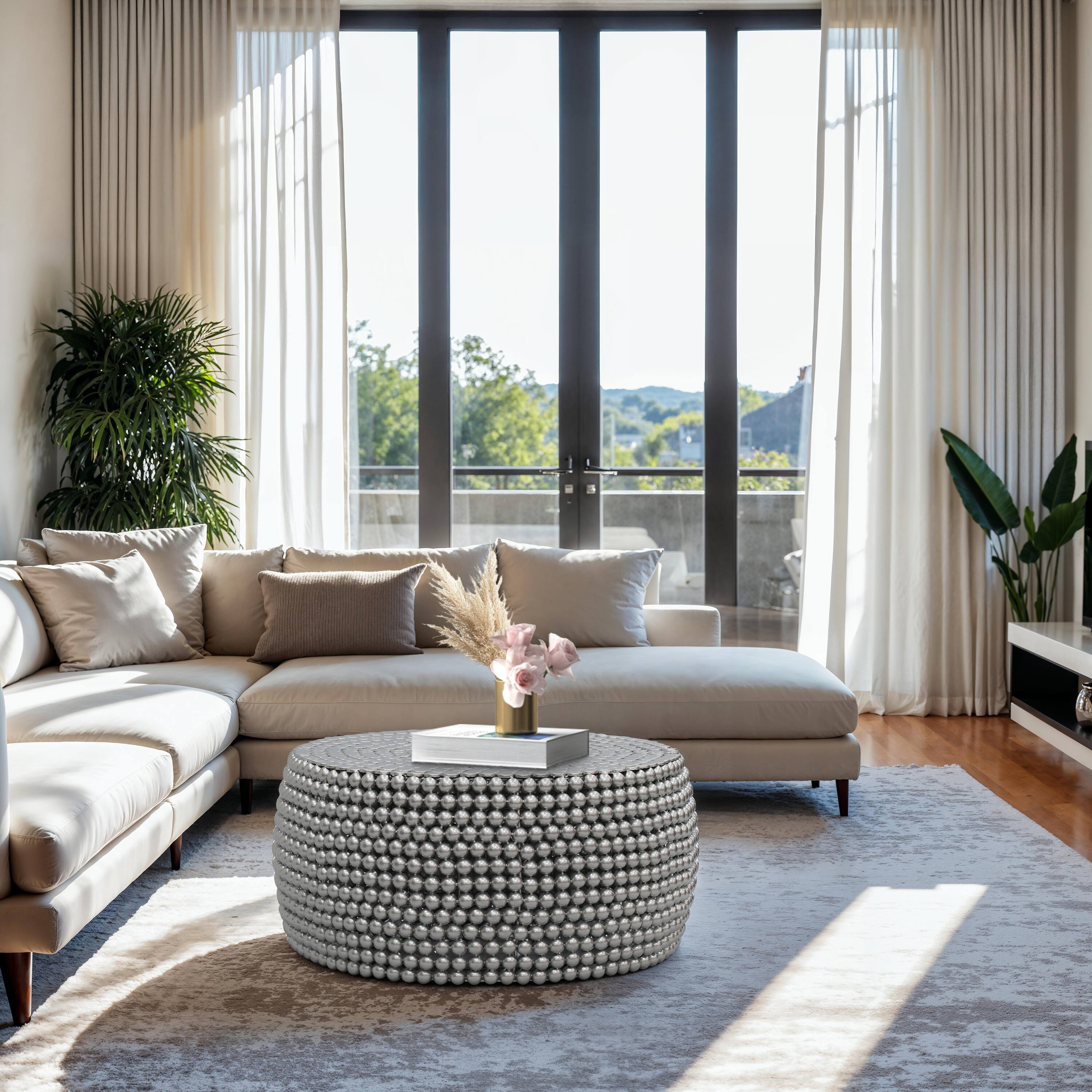 Alt View 10. Manhattan Lane - Eve 32" Coffee Table | Silver Metallic Beads Studded Pattern | Nickel Coated Iron Frame - Silver.