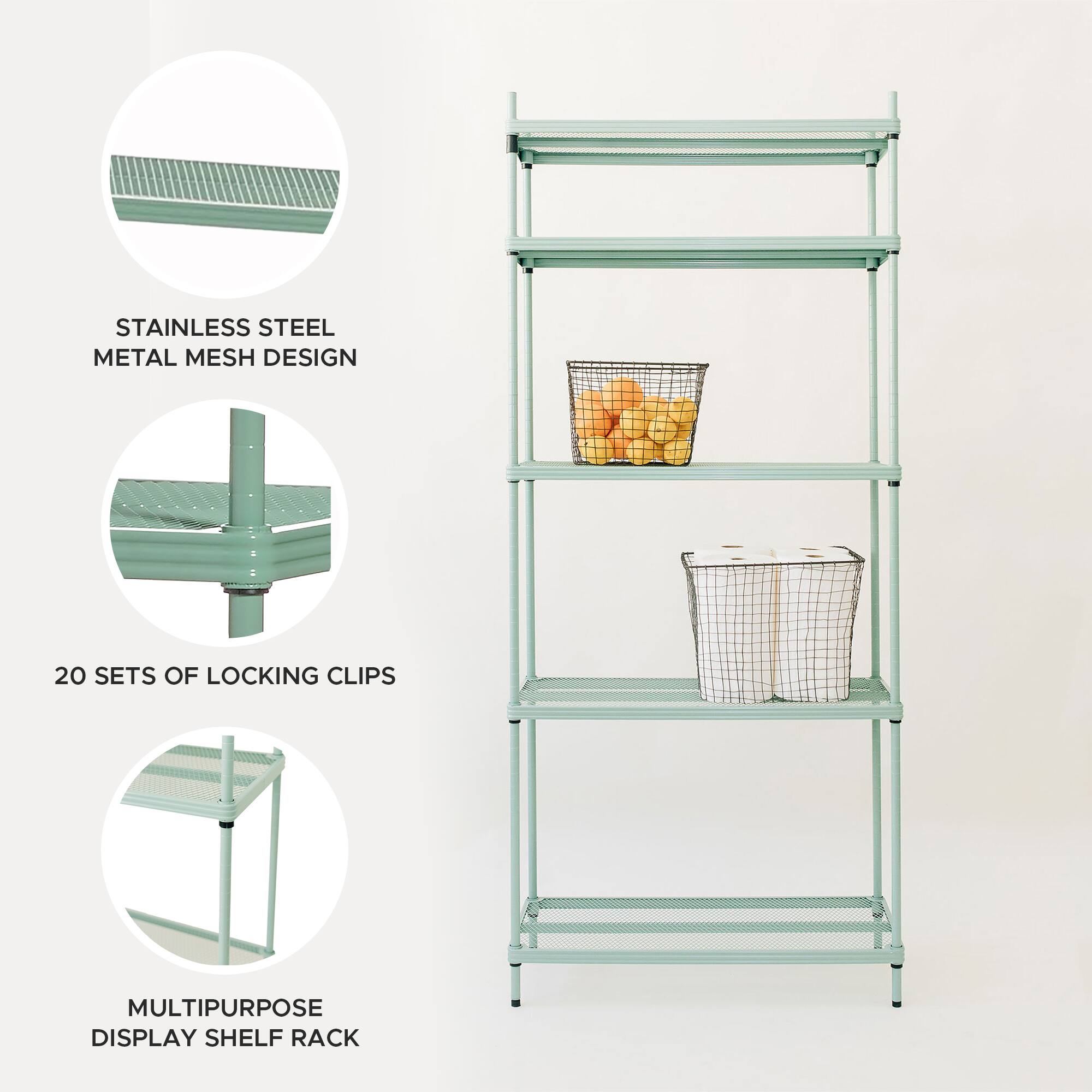 STAINLESS STEEL METAL MESH DESIGN  
20 SETS OF LOCKING CLIPS  
MULTIPURPOSE DISPLAY SHELF RACK