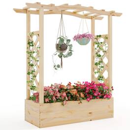 Gymax - Wooden Raised Garden Bed w/ Trellis & Hanging Roof Planter Box Drainage System - Natural