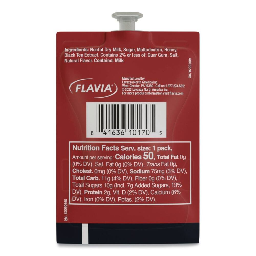 Ingredients: Nonfat Dry Milk, Sugar, Maltodextrin, Honey, Black Tea Extract, Contains 2% or less of: Guar Gum, Salt, Natural Flavor. Contains: Milk

Manufactured by Lavazza North America Inc.  
West Chester, PA 19380  
Call us: 1-877-273-5812  
©2023 Lavazza North America Inc.  
For more product information visit flavia.com

Nutrition Facts  
Serv. size: 1 pack,  
Amount per serving:  
Calories 50,  
Total Fat 0g (0% DV),  
Sat. Fat 0g (0% DV),  
Trans Fat 0g,  
Cholest. 0mg (0% DV),  
Sodium 75mg (3% DV),  
Total Carb. 11g (4% DV),  
Fiber 0g (0% DV),  
Total Sugars 10g (Incl. 7g Added Sugars, 13% DV),  
Protein 2g,  
Vit. D (2% DV),  
Calcium (6% DV),