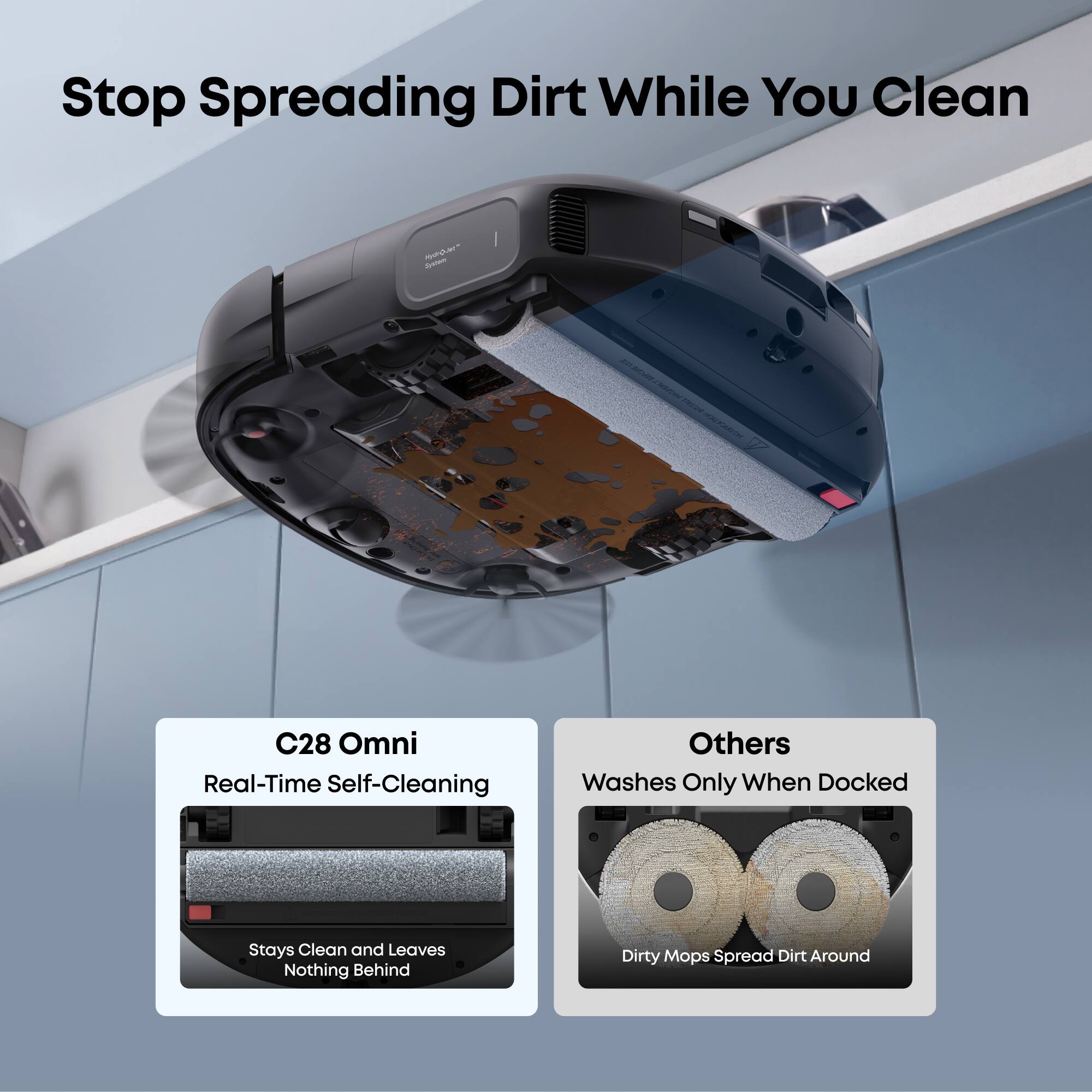 Stop Spreading Dirt While You Clean

C28 Omni
Real-Time Self-Cleaning
Stays Clean and Leaves Nothing Behind

Others
Washes Only When Docked
Dirty Mops Spread Dirt Around