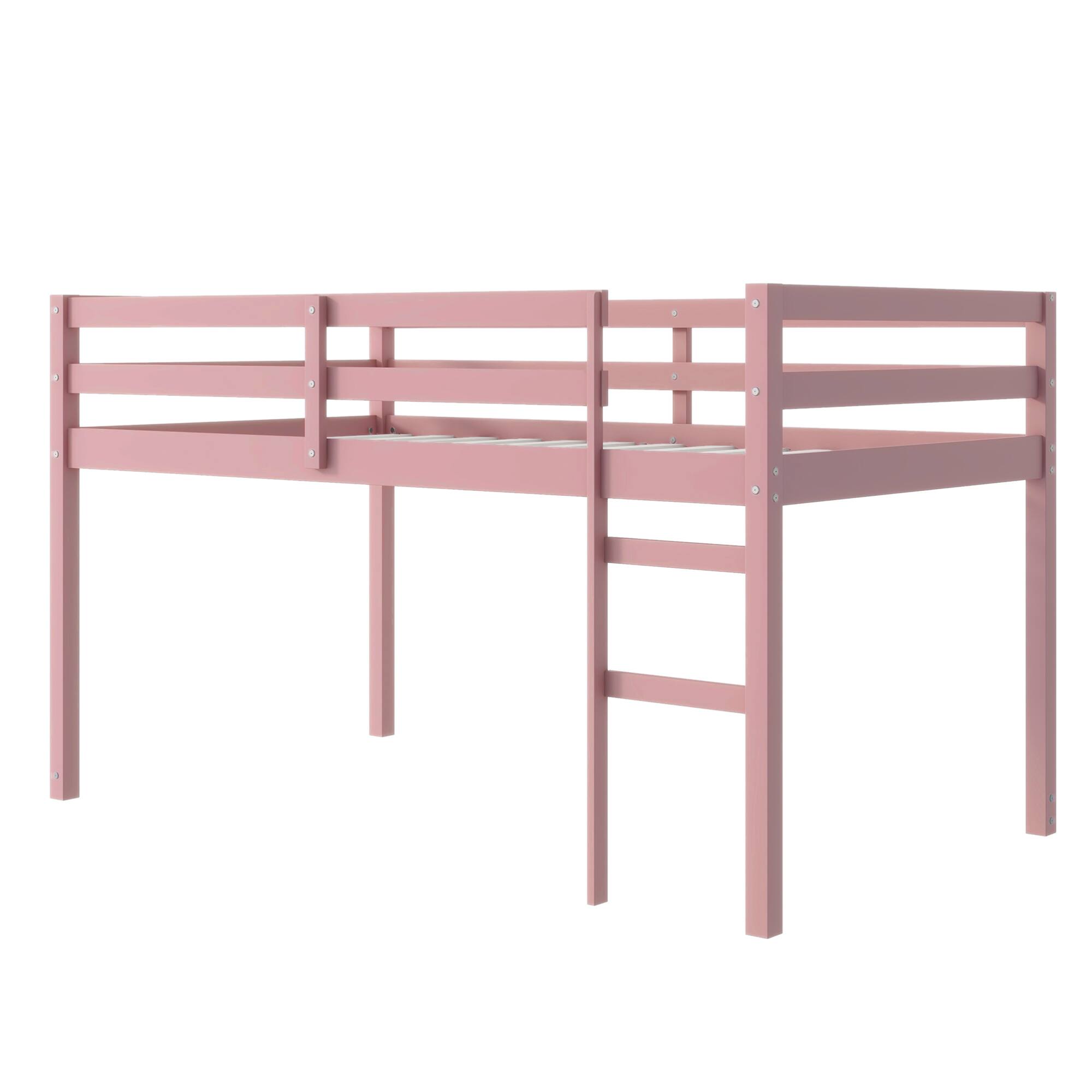 Left. GOODSILO - Solid Wood Twin Loft Bed with Ladder and Strengthened Slats for Enhanced Stability and Space Optimization - Pink.