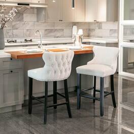Trinkets Crazed - Contemporary Velvet Upholstered Wing-Back Barstools with Button Tufted Decoration and Wooden Legs - beige