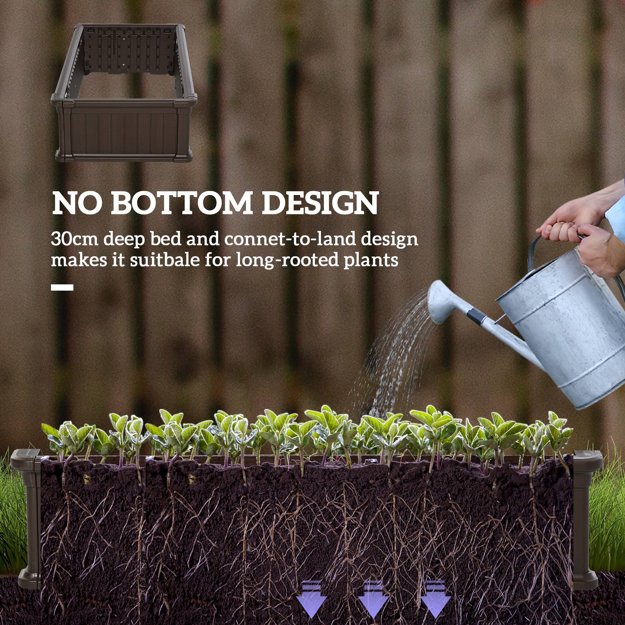 NO BOTTOM DESIGN  
30cm deep bed and connect-to-land design makes it suitable for long-rooted plants