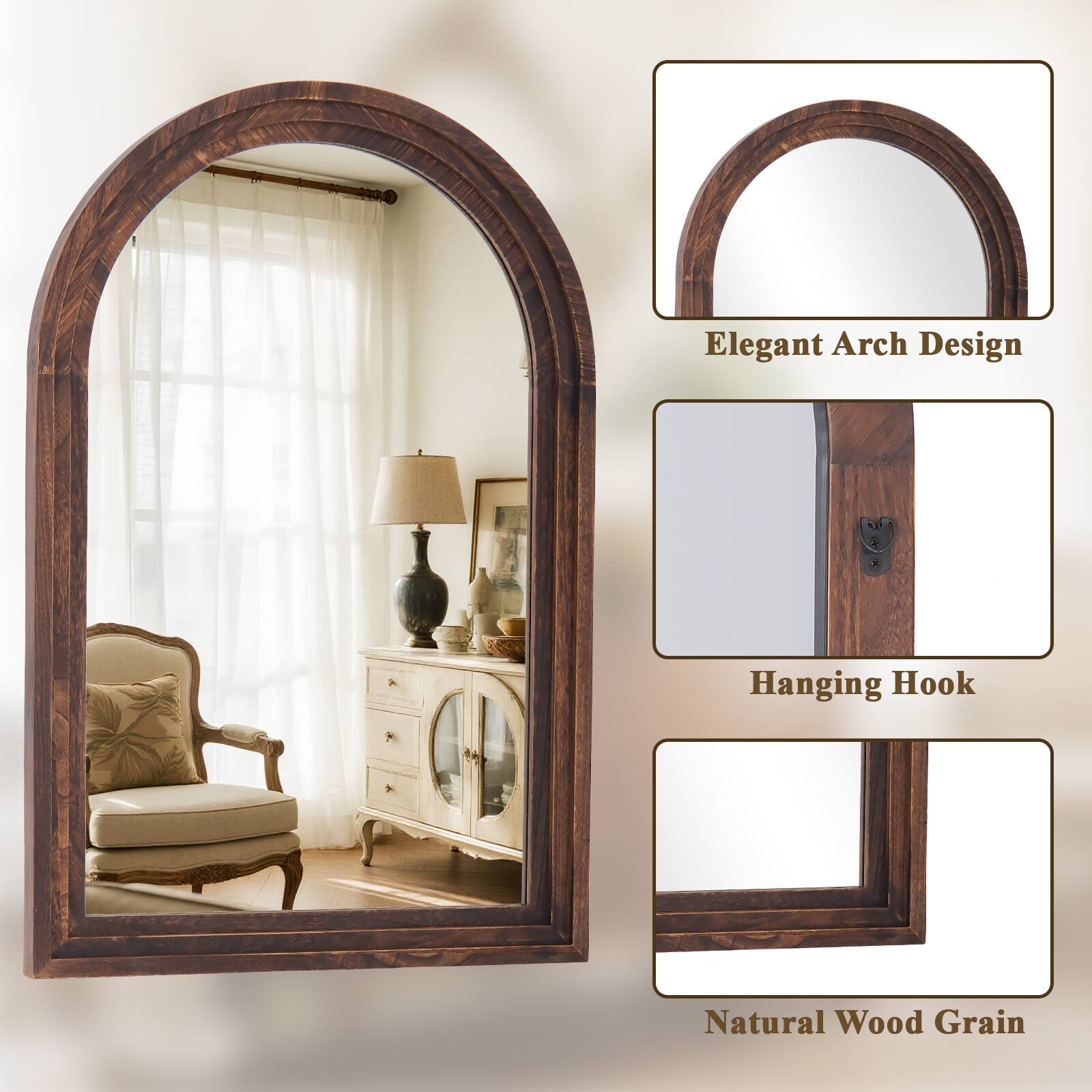 Elegant Arch Design  
Hanging Hook  
Natural Wood Grain