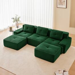 Anysun - 117" U-Shape Corduroy Sectional Sofa with Ottoman - 3-Seat Deep-Seat Couch, Pearl Piping, Tufted, No Assembly - Green