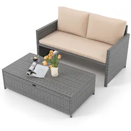 Gymax - 2 PCS Patio Loveseat w/ 31 Gal Multifunctional Storage Ottoman & Soft Cushions - Mix Gray