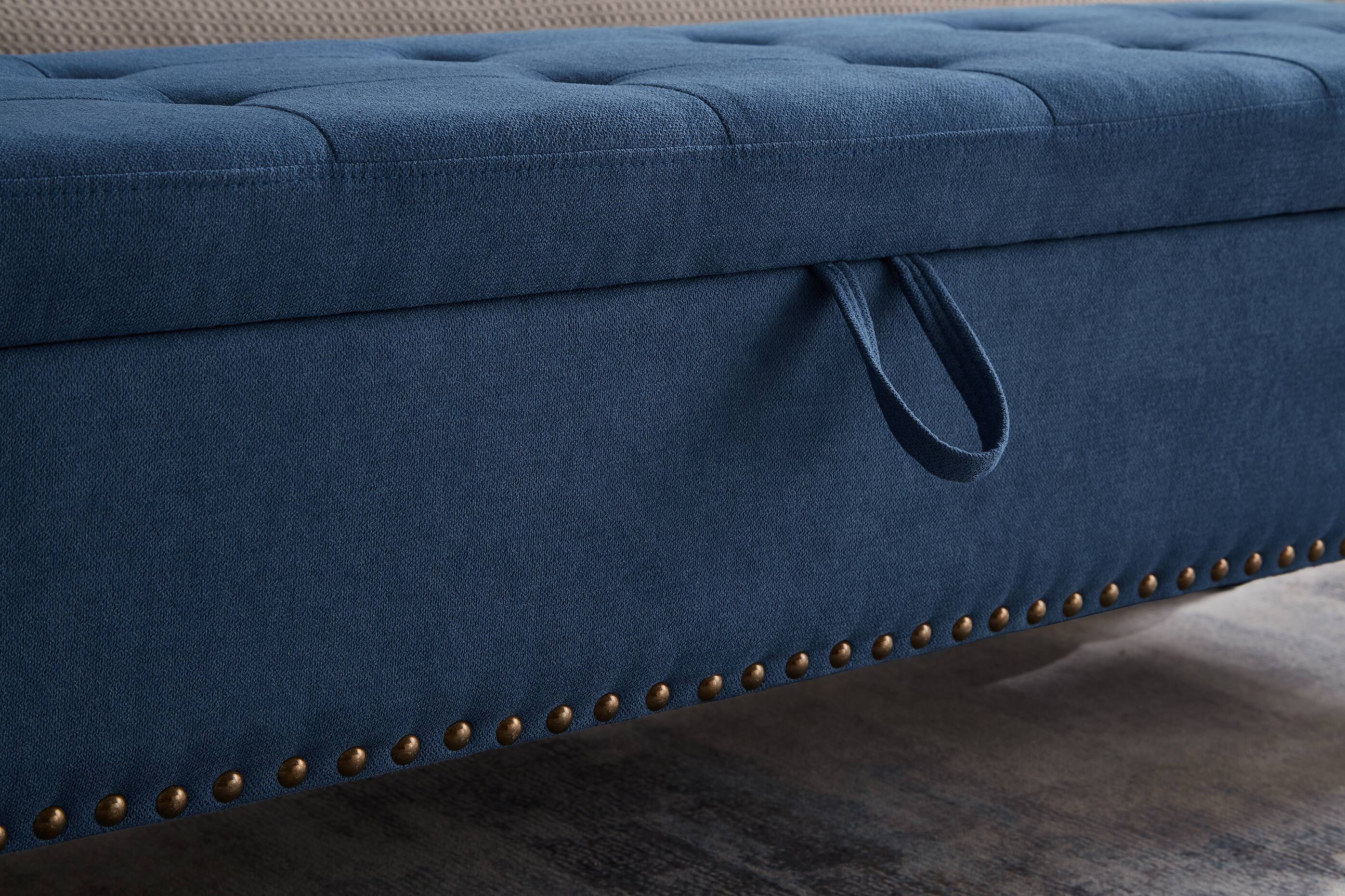 Back. Ropilly - Ropilly 59 Inch Blue Fabric Storage Bench Button Tufted End of Bed Ottoman - Blue.