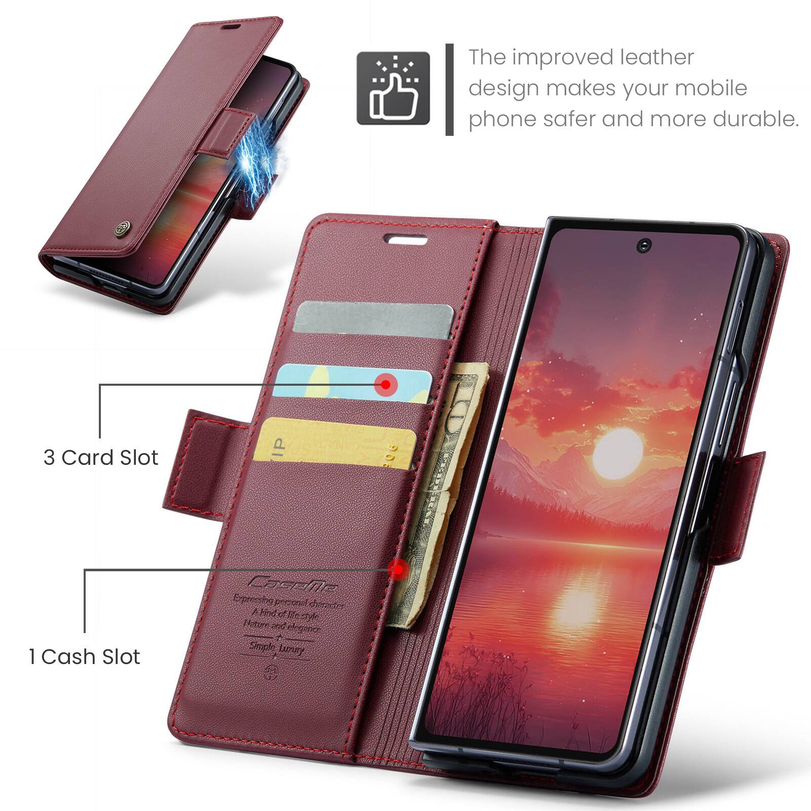 The improved leather design makes your mobile phone safer and more durable. 3 Card Slot P U 1 Cash Slot Caseie Expressing personal character A Findiot Besy Nature and elegance A Simple luxury